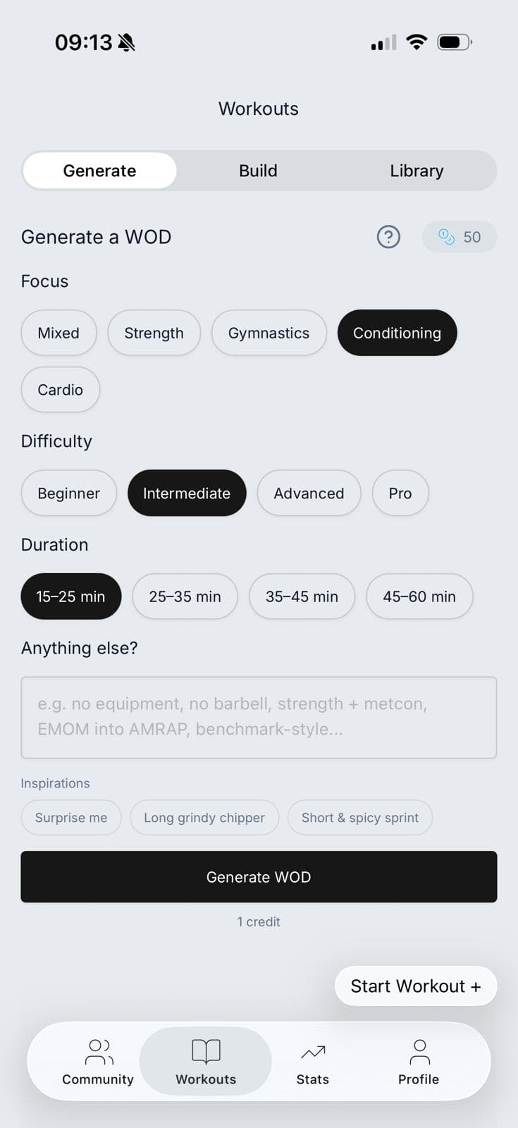 AI WOD generator screen